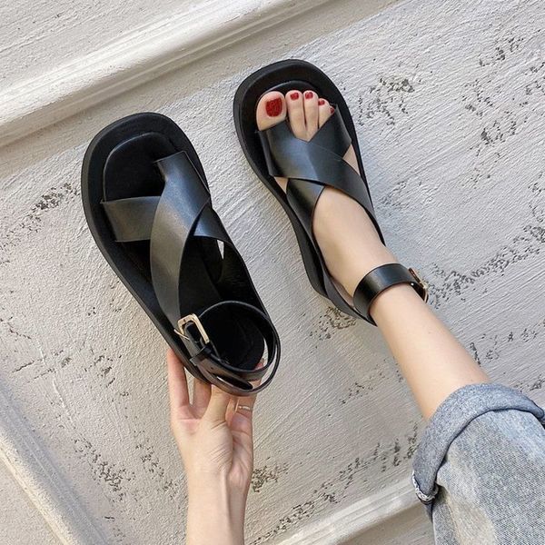 

sandals ins women's sandals summer solid color comfortable female beach shoes chunky sandals for woman non-slip shoe, Black