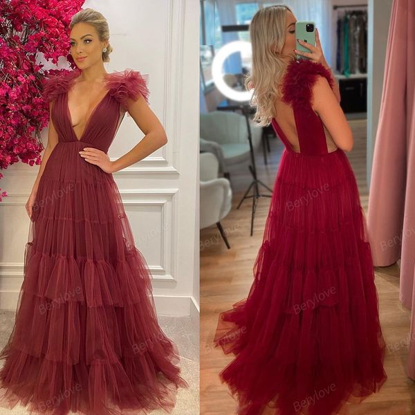 

party dresses burgundy deep v neck prom tulle backless evening ruffled shoulder vestido formal gown a line 230208, White;black