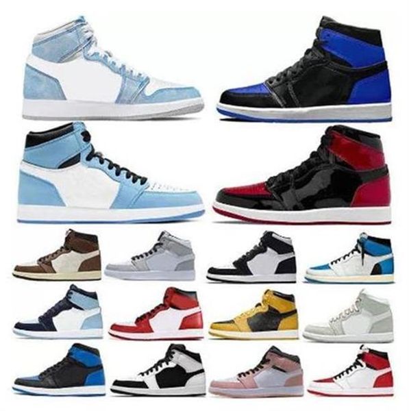 

jumpman 1 basketball shoes men 1s university blue hyper royal patent panda og dark mocha bred shadow unc smoke grey women sports sneakers tr, Black