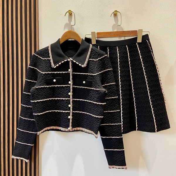 

two piece dress office ladies twopiece set pearl button striped knit with elegant skirt french brand woman suit 230208, White