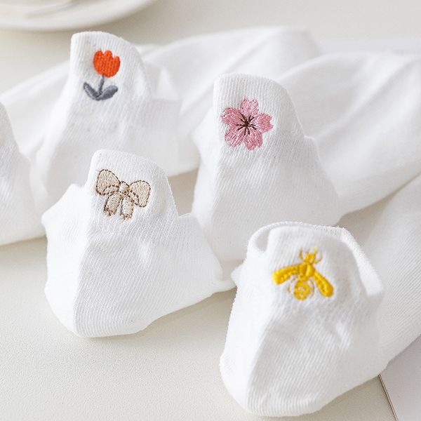 

bee socks cute bees socks embroidery sock for women spring summer thin style pure cotton socks ear-lifting short tube solid color white f017, Black;white
