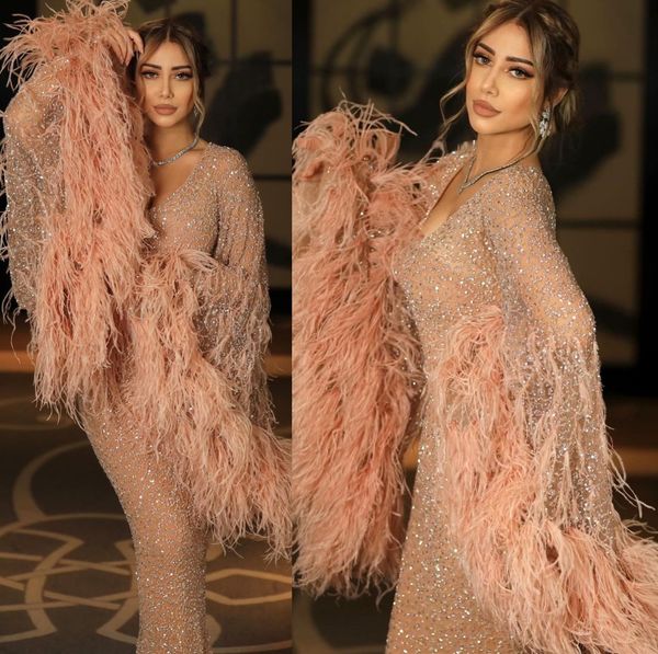 

2023 arabic aso ebi gold mermaid prom dresses feather sequined lace evening formal party second reception birthday engagement gowns dress zj, Black