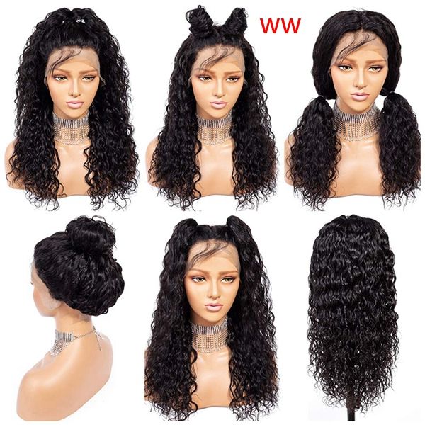 

13x4 virgin hair transparent lace front wig waterwave 150% density, Black;brown