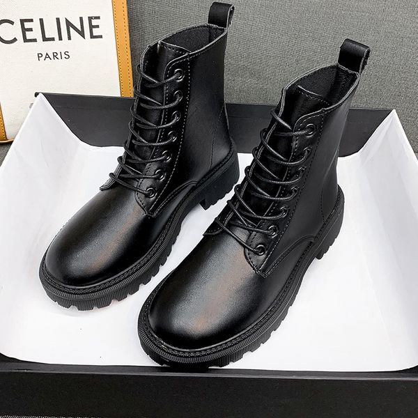 

boots black platform combat ankle for women lace up buckle strap woman shoes winter biker 230208