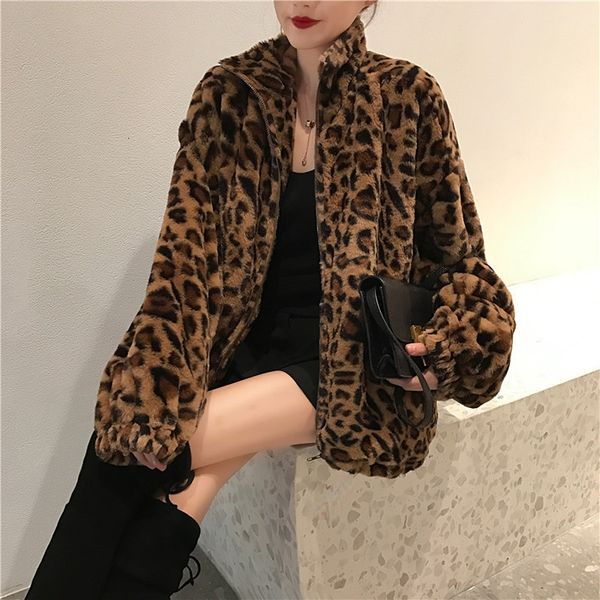 

women s jacket vintage leopard stand collar zipper outwear winter jacket lady loose oversized fuzzy coats female casual streetwear 230208, Black;brown