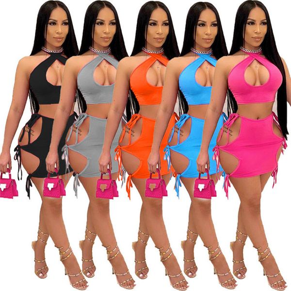 

2023 women fashion two piece dress summer hollow out 2 piece set solid color clothing, White