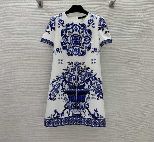 

dresses blue and white porcelain drill printing fashion national style dress back zipper design crewneck short sleeve maxiskit women dress s, Black;gray