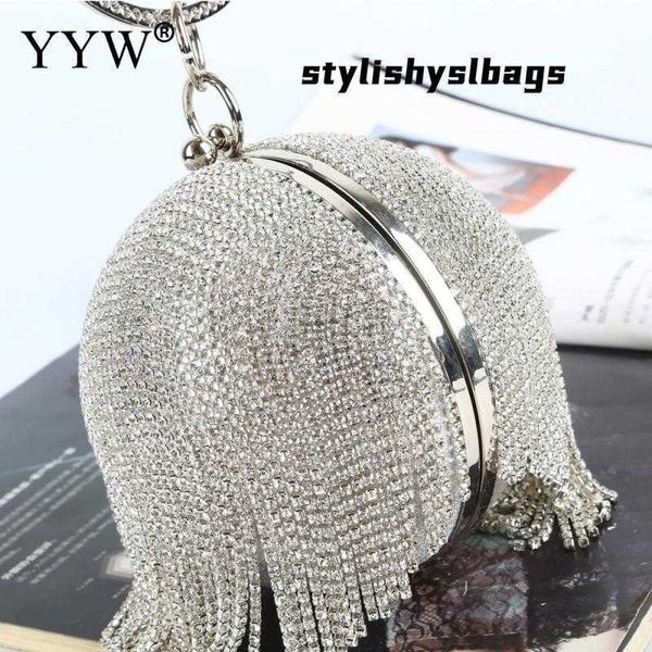 

totes sliver diamonds rhinestone round ball evening bags for women 2021 fashion mini tassels clutch bag ladies ring handbag clutches 020823h