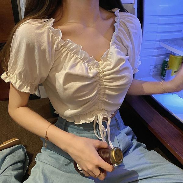 

women s blouses shirts fashion woman off shoulder crop ruffles puff sleeve harajuku tee chiffon youth elegant blouse 230208, White