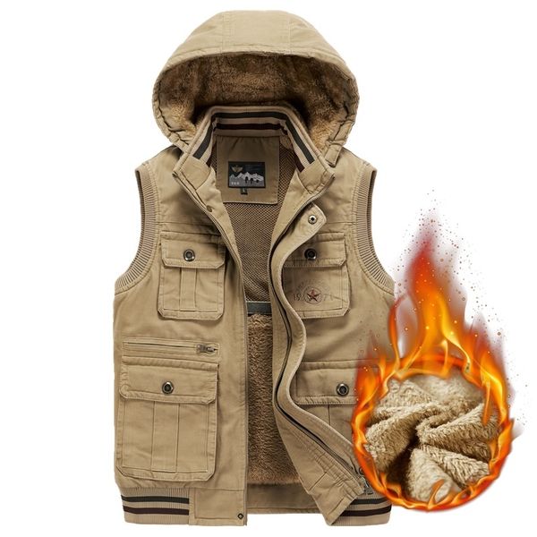 

men s vests fur hood sleeveless vest men fleece warm jacket waistcoat travel multi pocket quality tactical military style casual thick male, Black;white