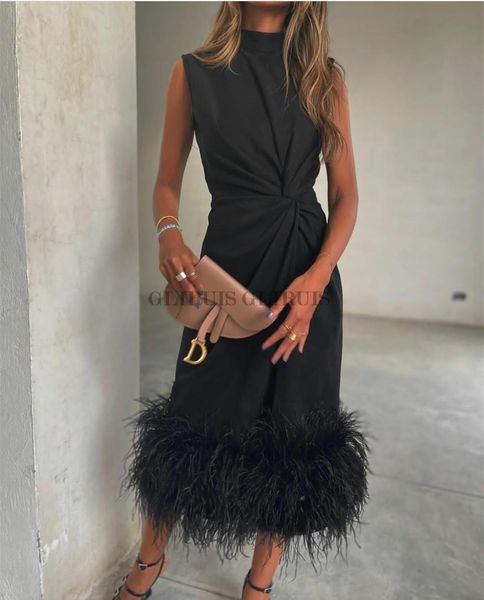 

party dresses short black chiffon muslim evening with feathers pleated tea length robe de 230208, White;black