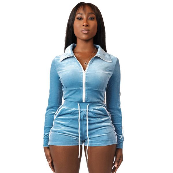 

women's tracksuits crop velvet tracksuit two piece set summer biker shorts set long sleeve side stripes slim fit casual suits 230208, Gray