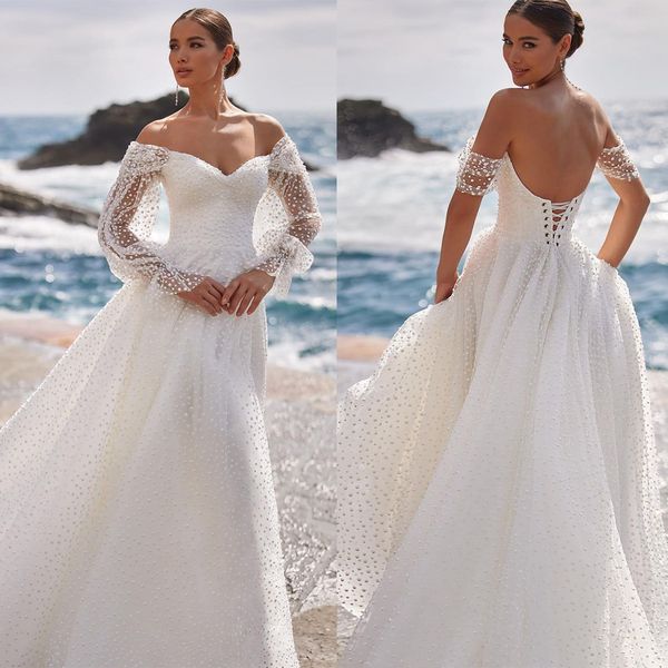 

elegant a-line wedding dresses sweetheart off the shoulder polka dot backless lace up court gown custom made plus size bridal dress vestidos, White