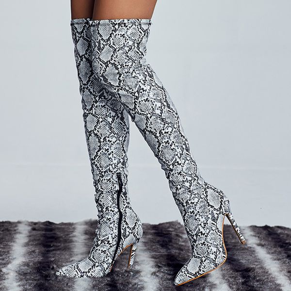 

boots women over the knee thigh high snake print 11cm heels serpentine stripper long pleaser winter leather prom shoes 230208, Black
