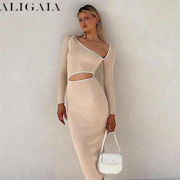

casual dresses aligaia autumn apricot hollow out maxi women long sleeve high waist french dress female skinny streetwear vestidos, Black;gray