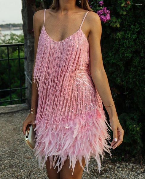 

feather party dress women summer tassel sequins sleeveless y2k spaghetti strap dresses night club e-girl vestidos, Black;gray