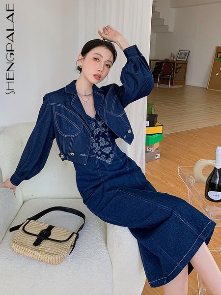 

two piece dress shengpalae 2 set elegant beautiful denim coat jacket and long suspender midi vestido 2023 spring summer 5r1132 230208, White