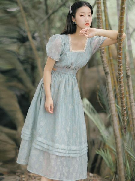 

casual dresses romantic chic french vintage hollow out jacquard dress square neck puff sleeve summer dashion party female, Black;gray