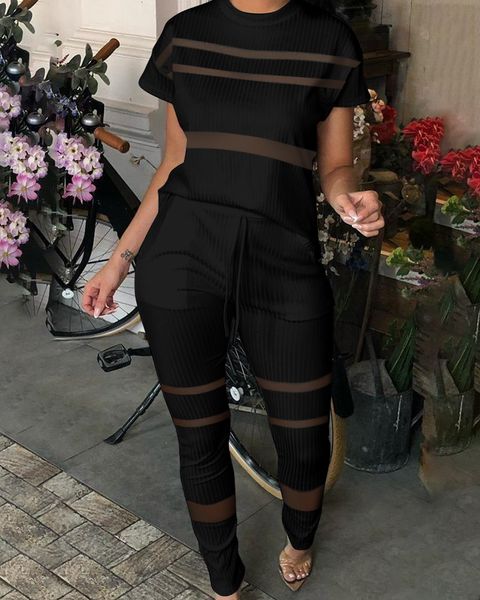

women s two piece pants summer women fashion short sleeve suit sets round neck ribbed contrast mesh drawstring set 230208, White