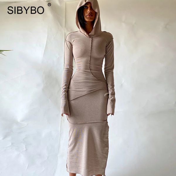 

plus size dresses sibybo fall winter hooded long dres cotton full sleeve bodycon female streetwear casual skinny vestidos outfits 230208, Black