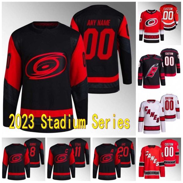

carolina 2023 stadium series hurricanes jersey andrei svechnikov brent burns jalen chatfield sebastian aho seth jarvis jaccob slavin martin, Black;red