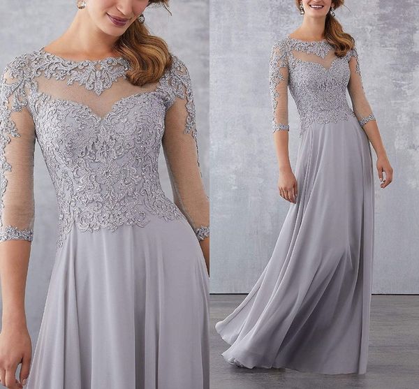

2023 women mother of the bride dress three quarter sleeve illusion scoop a-line chiffon wedding party gowns champagne silver lace appliqued, Black;red