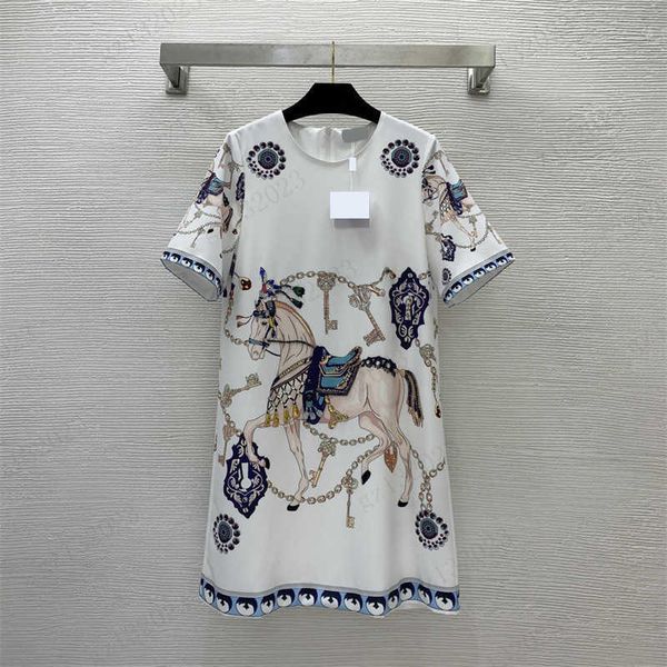 

horse print dress classic animal chain key logo crewneck summer dress back zipper design waist cut a-line skirt 2 colors dresses short sleev, Black;gray
