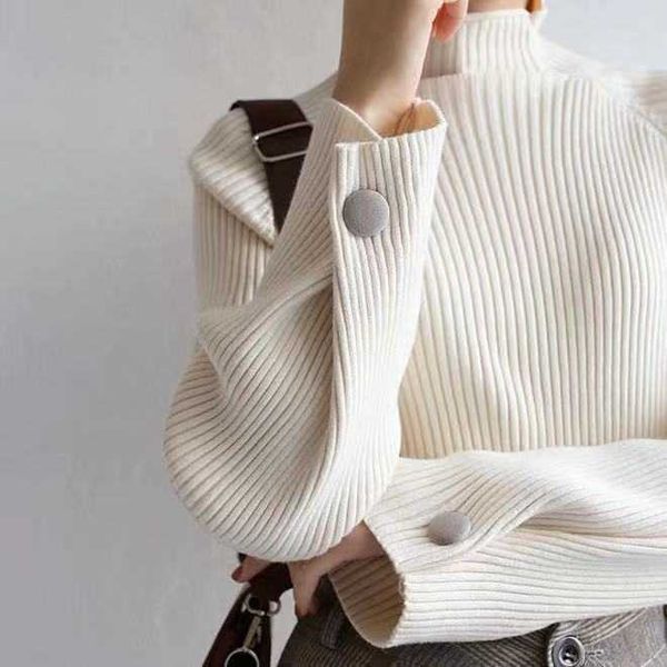

women's sweaters jumper 2021 white oversized sweater women knitted pullovers height neck office ladies long sleeve knitwear 230118, White;black