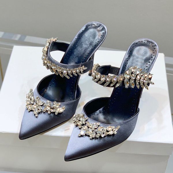 

women slippers pumps pointed toe baotou 90mm thin high heels rhinestone bling lady shoe party high heeled shoes for style summer and spring, Black