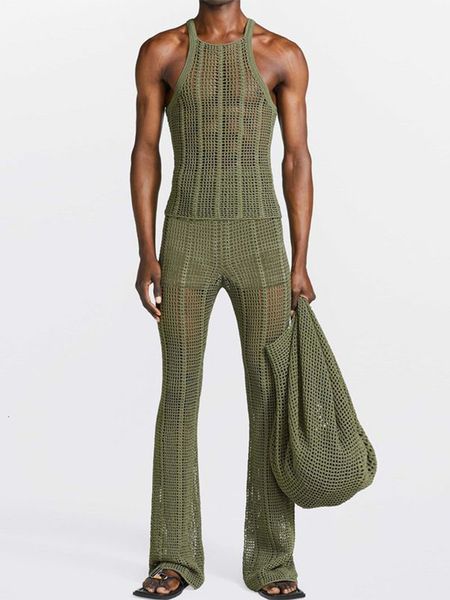

men's tracksuits streetwear men fashion solid knitted outfit summer sleeveless slim tank and loose pants suit mens hollow two piece se, Gray