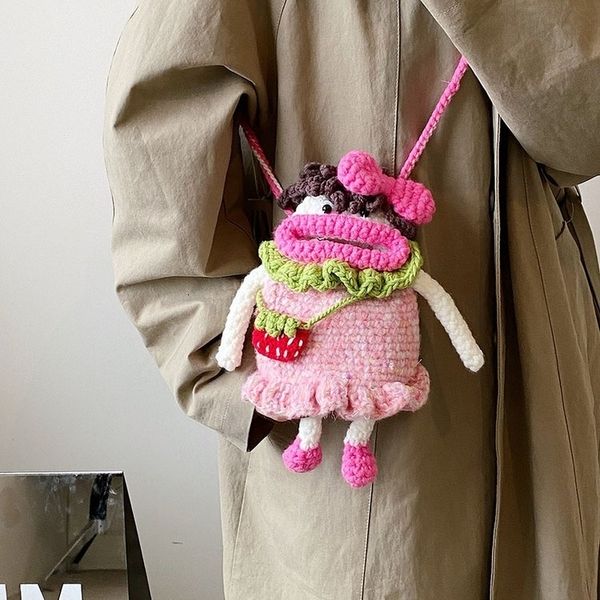 

waist bags handmade crochet shoulder knit bag y2k handbag for women lady female lolita crossbody mini nova side satchel bolsa harajuku pink