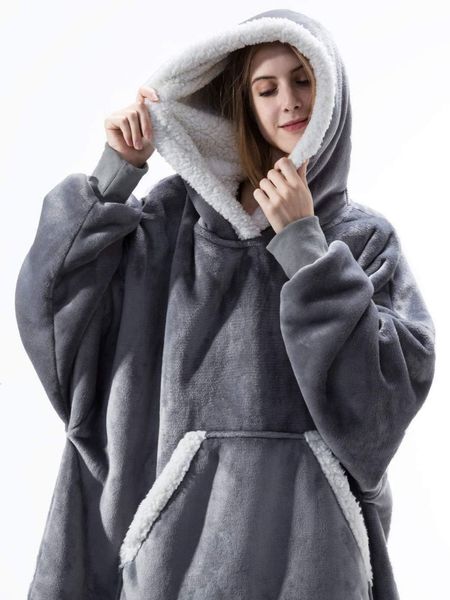 

women's hoodies sweatshirts oversized hoodie blanket with sleeves warm sweatshirt plaid winter fleece hoody women pocket female wearabl, Black