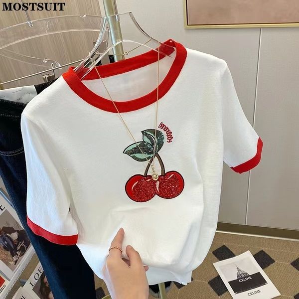 

women s sweaters summer cherry sequins knit sweater tshirt women fashion casual embroidery sweet pullover short sleeve loose ladies 230208, White;black