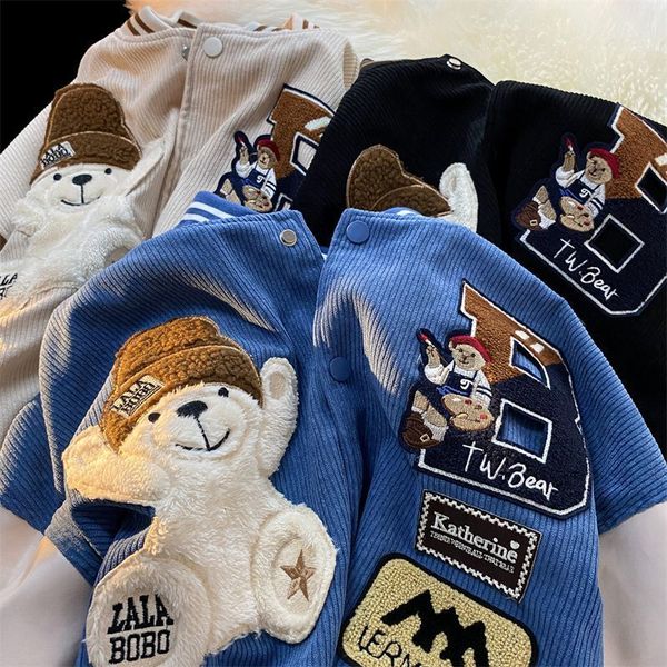 

women s jackets y2k flocked embroidery baseball for men and women autumn winter corduroy harajuku little bear sports 230208, Black;brown