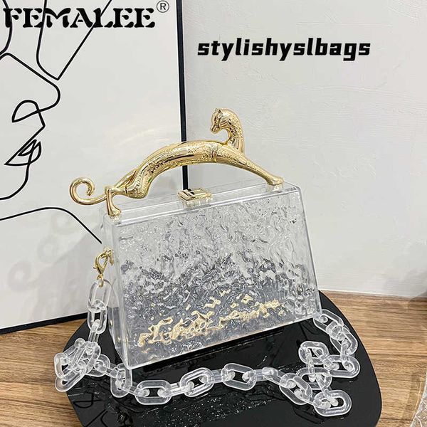 

totes acrylic box handbags for women metal leoapard handle lock chain shoulder bag luxury designer purses transparent crack print bag 020823