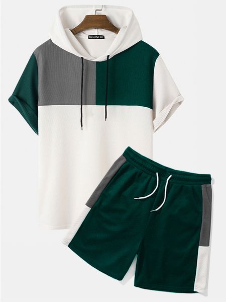 

men's tracksuits charmkpr handsome men knitting color block patchwork sets casual male loose short sleeve hooded shorts twopiece s2xl 2, Gray