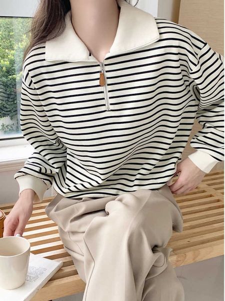 

women's sweaters new sweater korean fashion black white striped pullovers zippers polor collar loose for women 2023 230118, White;black