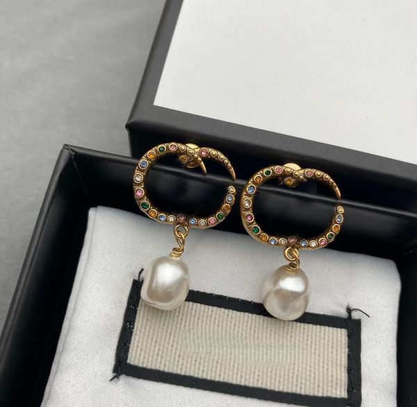 

retro designer pearl charm dangle drop eardrop studs aretes exquisite colours cz diamond double letter earring for women female party weddin, Golden