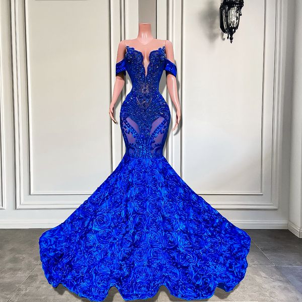 

luxury royal blue prom dresses for black girls with beaded glitter mermaid evening dress aso ebi african rose floral formal gown elegant gra