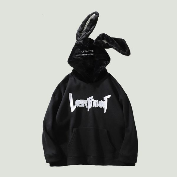 

men s hoodies sweatshirts hip hop oversized funny rabbit ears sweatshirt mens harajuku streetwear letter printed casual hooded pullovers cou, Black
