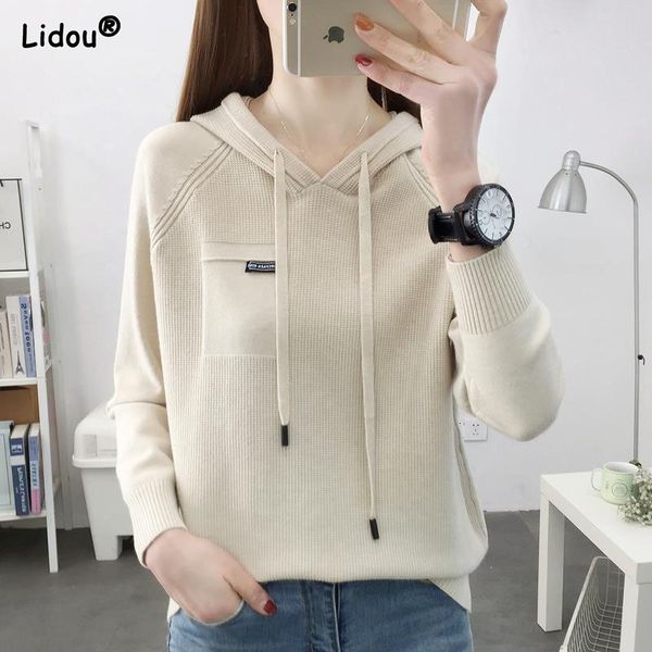 

womens hoodies sweatshirts slim threedimension decoration knitted hooded sweater casual thick autumn winter drawstring multiple colour cloth, Black