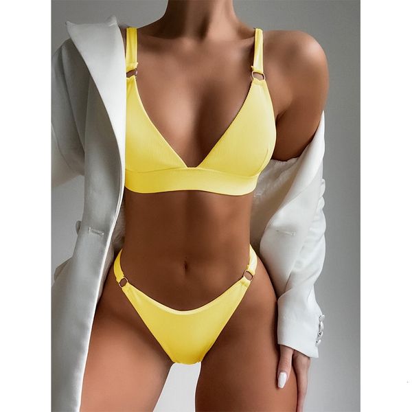 

women's swimwear bikini swimsuit ribbed ring push up solid bikini set summer beach brazil biquini swim bathing suit 230208, White;black