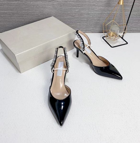 

designer heels women dress shoes luxury patent leather slingback pumps pointy toes eu35-42 with box dresses party, Black