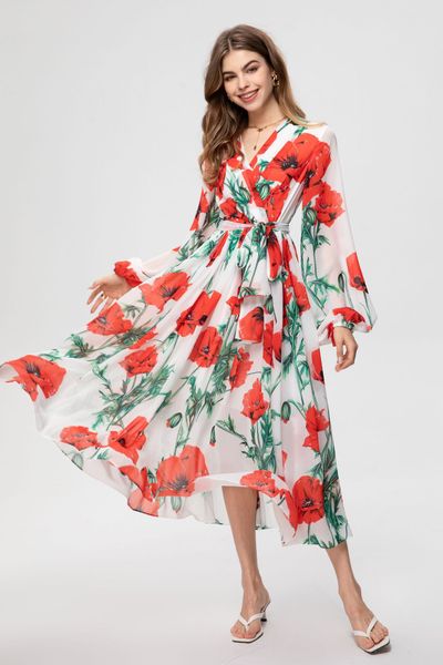 

high-quality long lantern sleeve printed silk blend dress v-neck with belt, Black