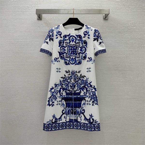 

dresses blue and white porcelain drill printing fashion national style dress back zipper design crewneck short sleeve maxiskit women dress s, Black;gray