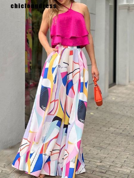 

women's tracksuits summer casual two piece set fashion halter neck ruffles vest print wideleg trousers suit 230208, Gray