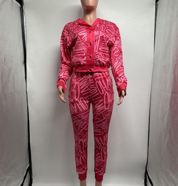 

buttons women's hoodies tracksuits two piece sets spring autumn pink all-body letter print single breasted sweatshirts suits casual jog, Gray