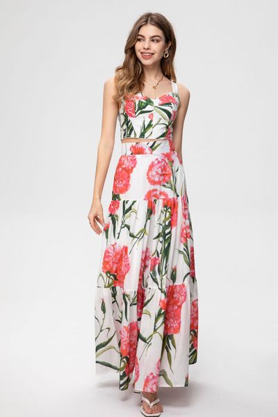 

high-quality lady two piece dress flower pattern 100% cotton camisole and high-waist skirt, White