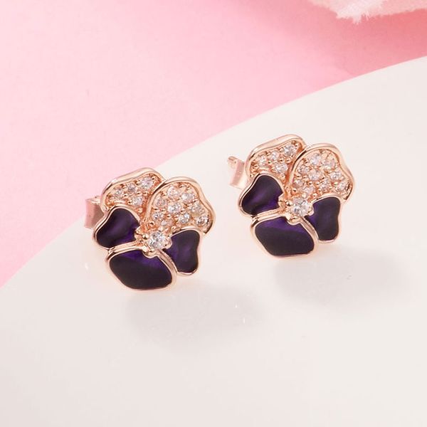 

rose gold plated deep purple pansy flower stud earrings fits european pandora style jewelry fashion earrings, Golden;silver