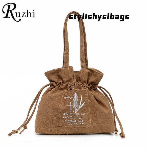 

totes 2022 vintage drawstring bucket bag leisure letter handbag for women girls solid canvas shoulder bags tote bag gifts 020823h